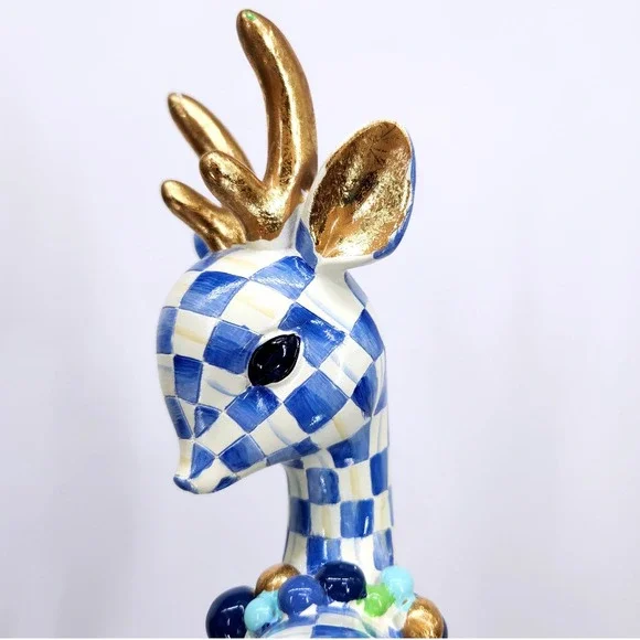 Mackenzie-Childs Royal Check Deary Deer on Ornament - Gold Antlers Holiday 16" - Picture 9 of 16